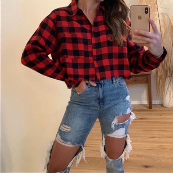 FOREVER 21 fringe flannel red plaid shirt women's size L - Picture 10 of 10